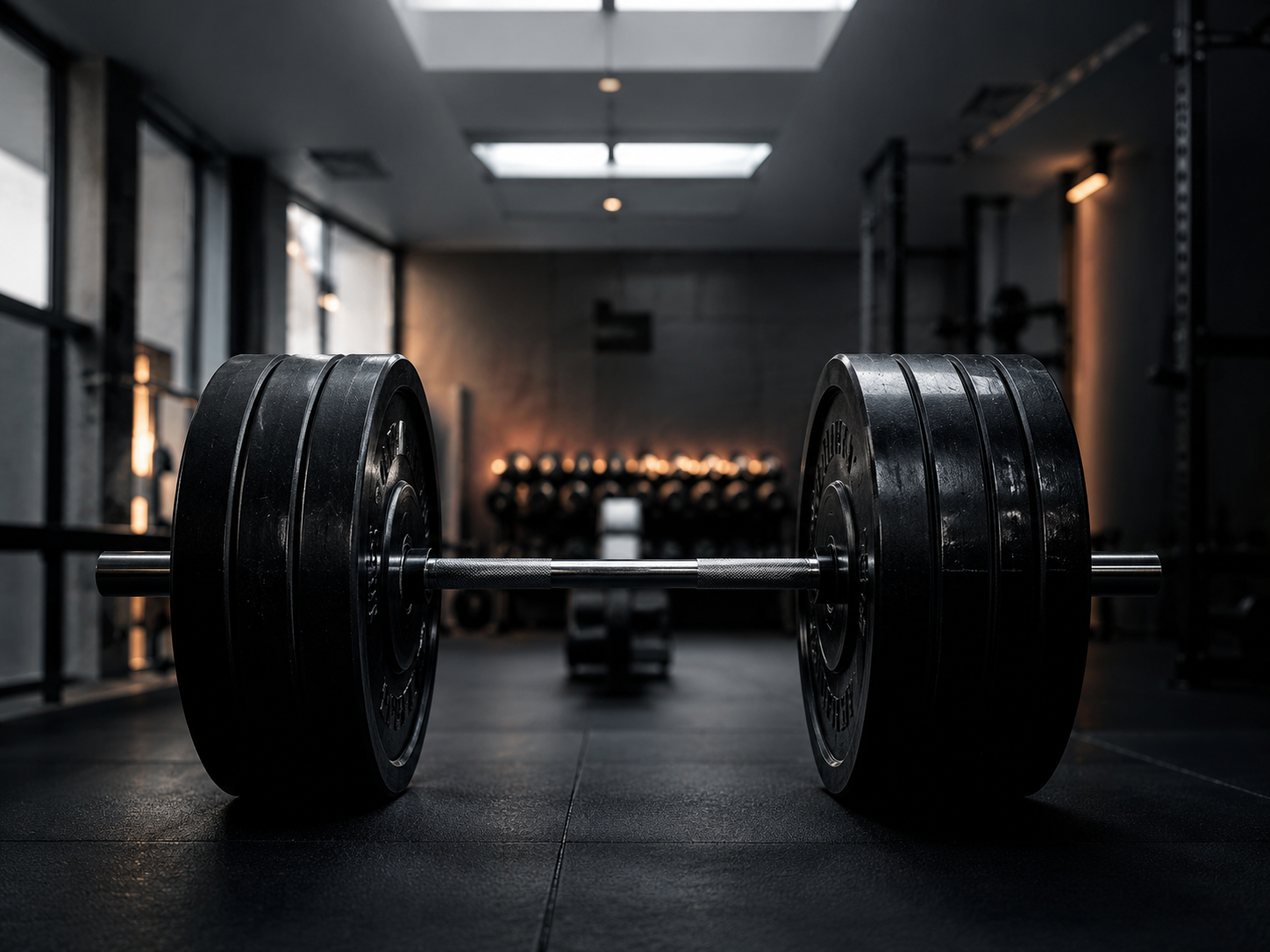Halter met gewichten in een donkere gym